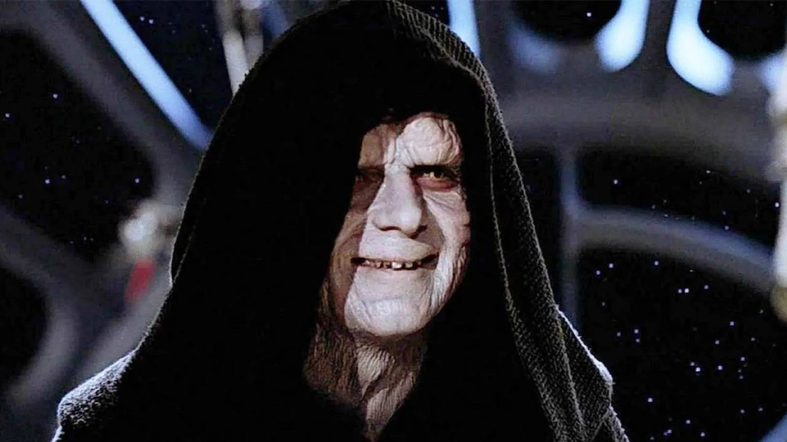 Darth Sidious Sheev Palpatine close up with hood
