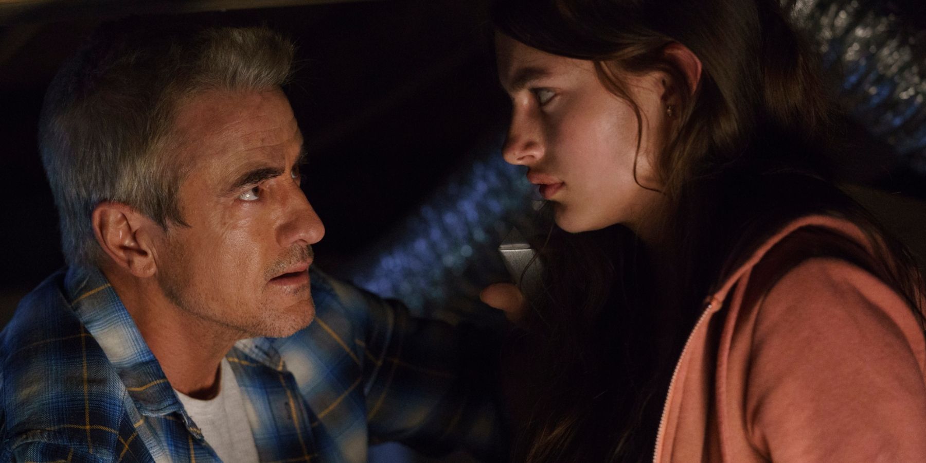 Dermot Mulroney and Diana Silvers in Blumhouse Into The Dark "Flesh and Blood" episode