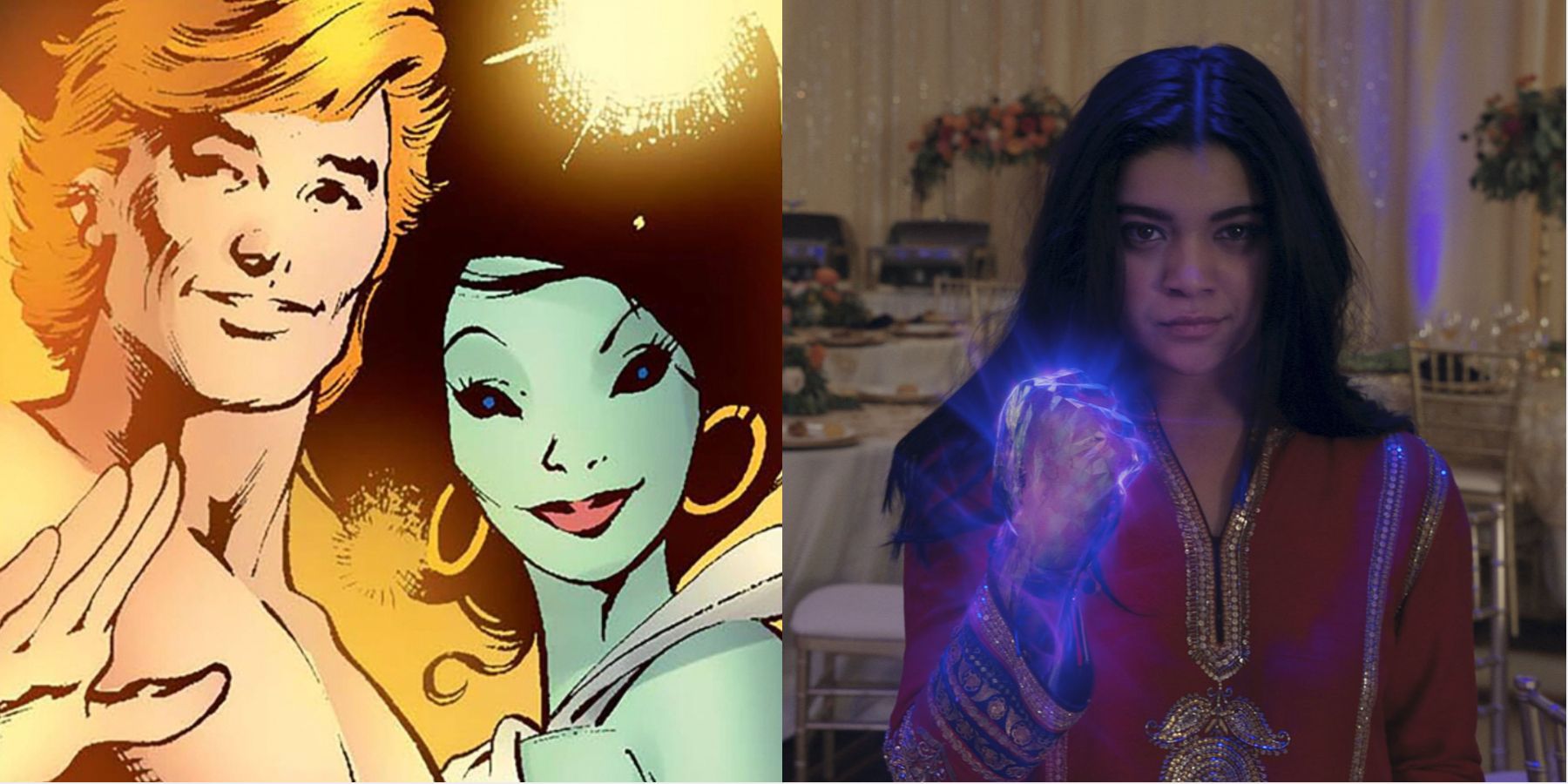 A split image features Adam and Elalyth Destine in Marvel comics alongside Kamala Khan in Ms Marvel