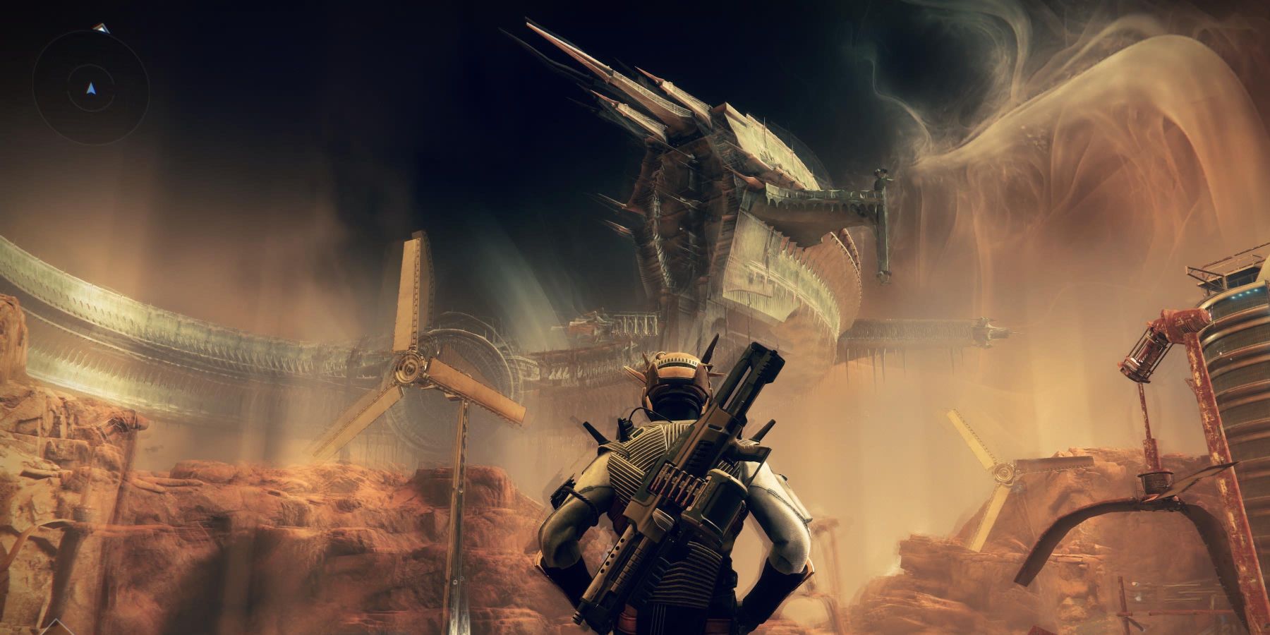 Destiny 2 Warlock Kneels Before Ship of Savatun On Mars
