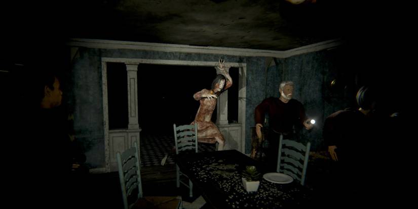 The possessed cultist Anna is attacking another cultist inside the Farmhouse map of Devour