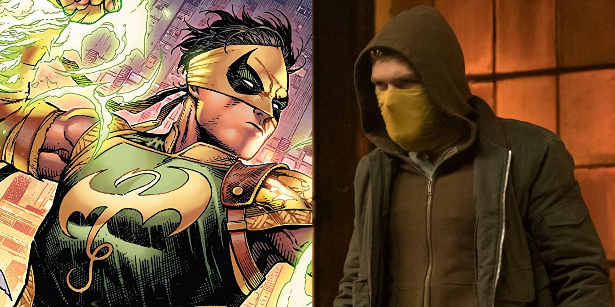 Iron Fist in a 2022 comic cover; Finn Jones as Iron Fist wearing a face covering in the Netflix series