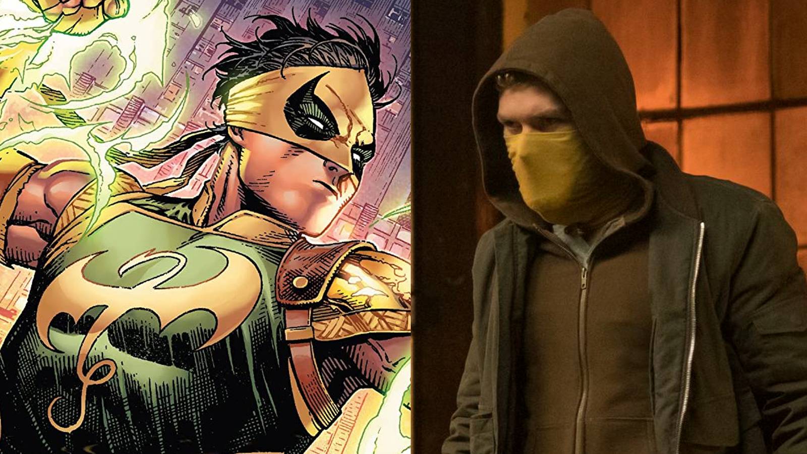 Iron Fist in a 2022 comic cover; Finn Jones as Iron Fist wearing a face covering in the Netflix series