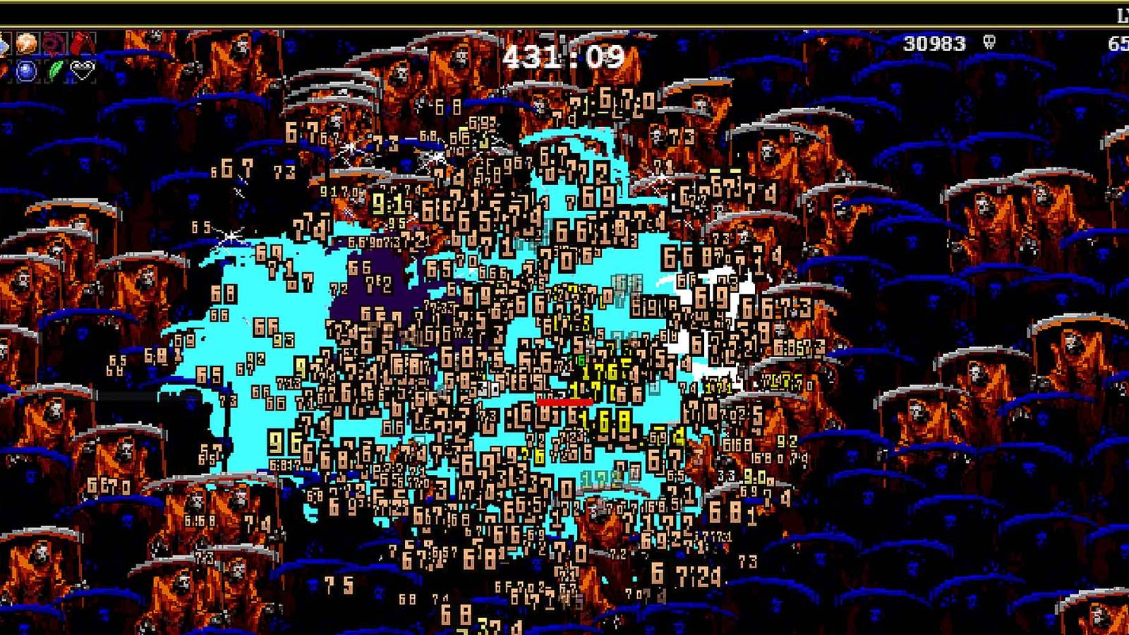 Divano surviving a crowd of Deaths in Vampire Survivors