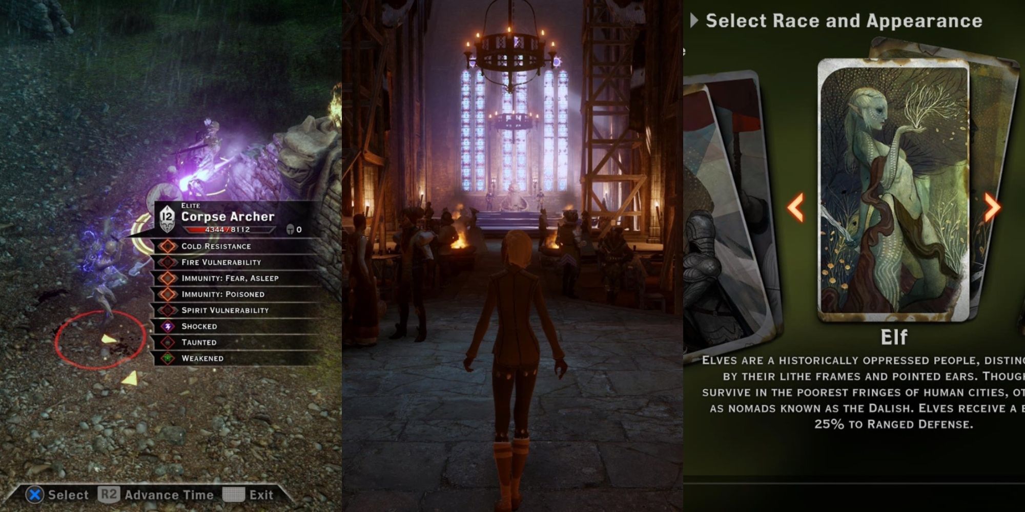 three part image, oriented vertically: on the left, an overhead view of a corpse archer enemy with a list of status effects and immunities in a small window on its right; in the middle, an elven inquisitor stands at the entrance to an under-construction throne room; on the right, a tarot card-style portrait of a green skinned elf holding a small sapling in her hand