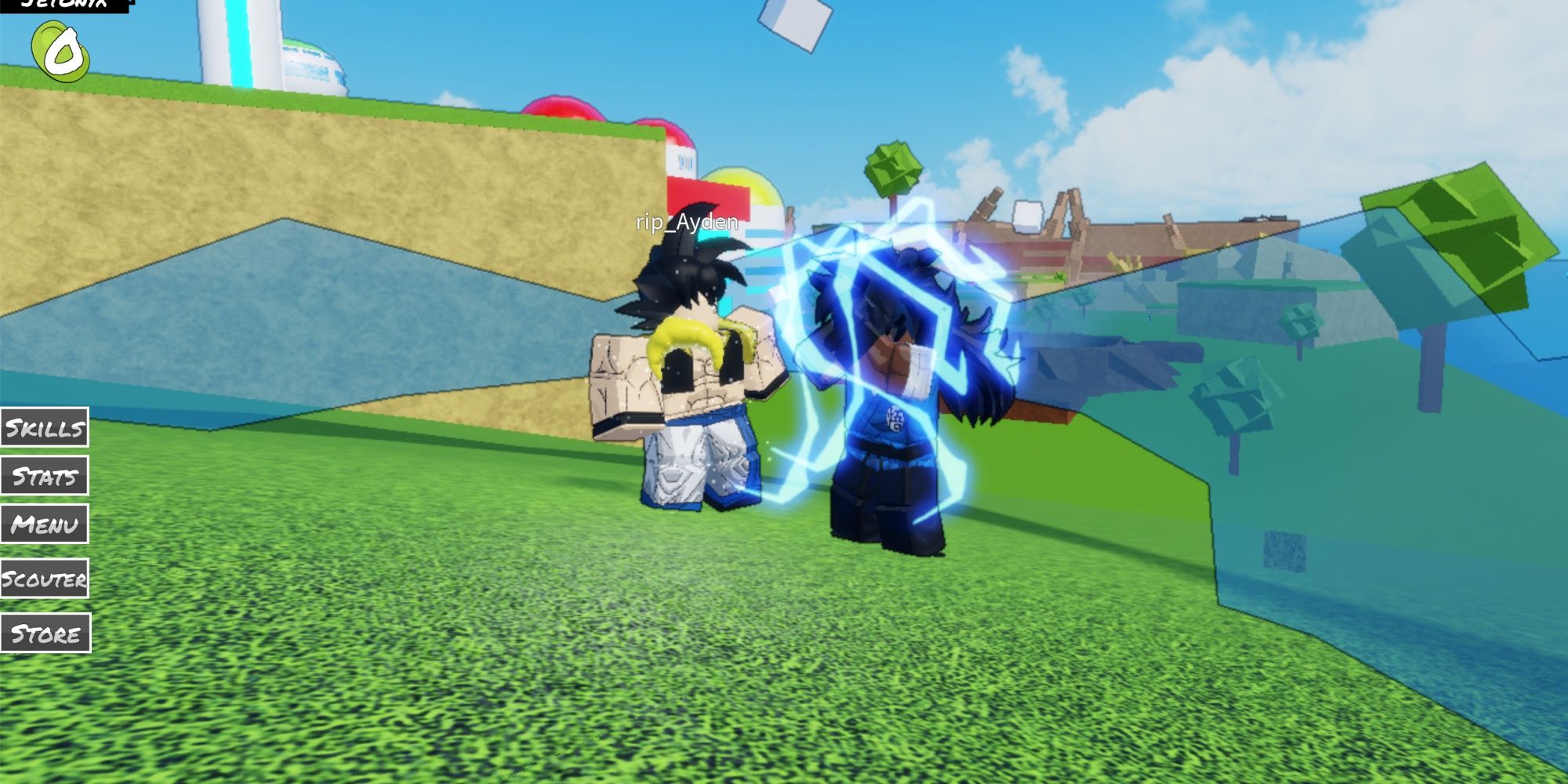 Two Roblox players standing side by side in Dragon Ball Warriors