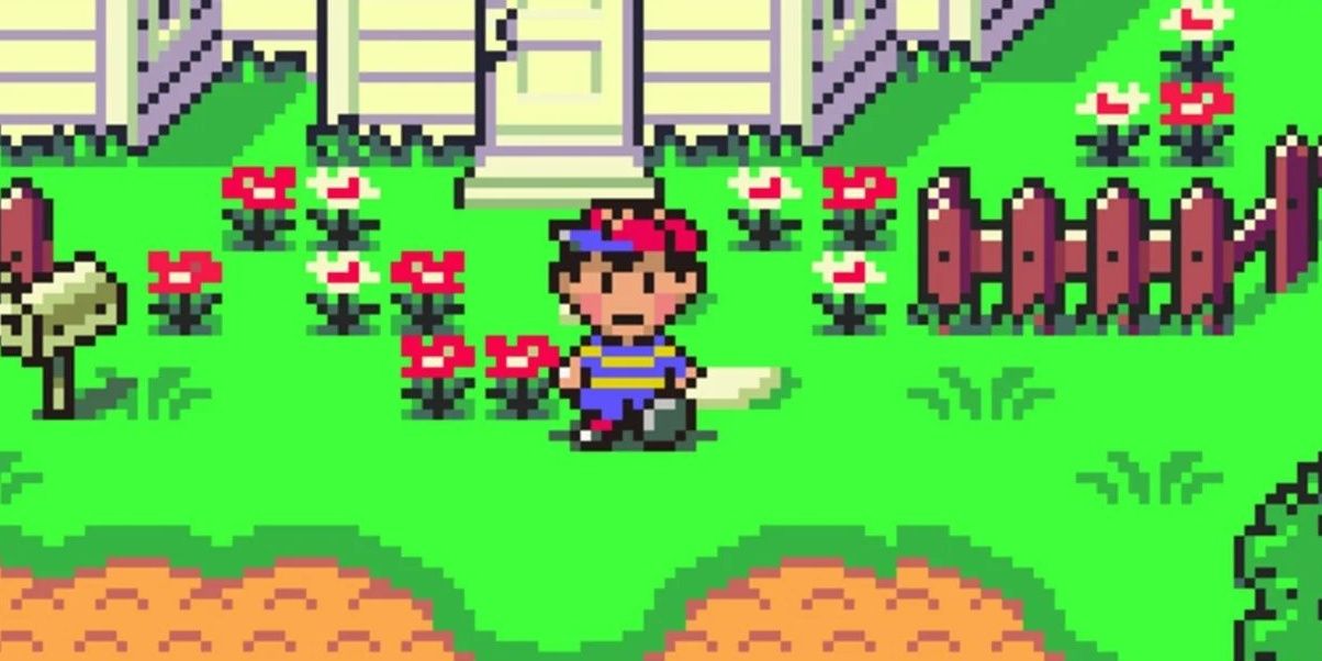 2D pixel character in front of a house in Earthbound