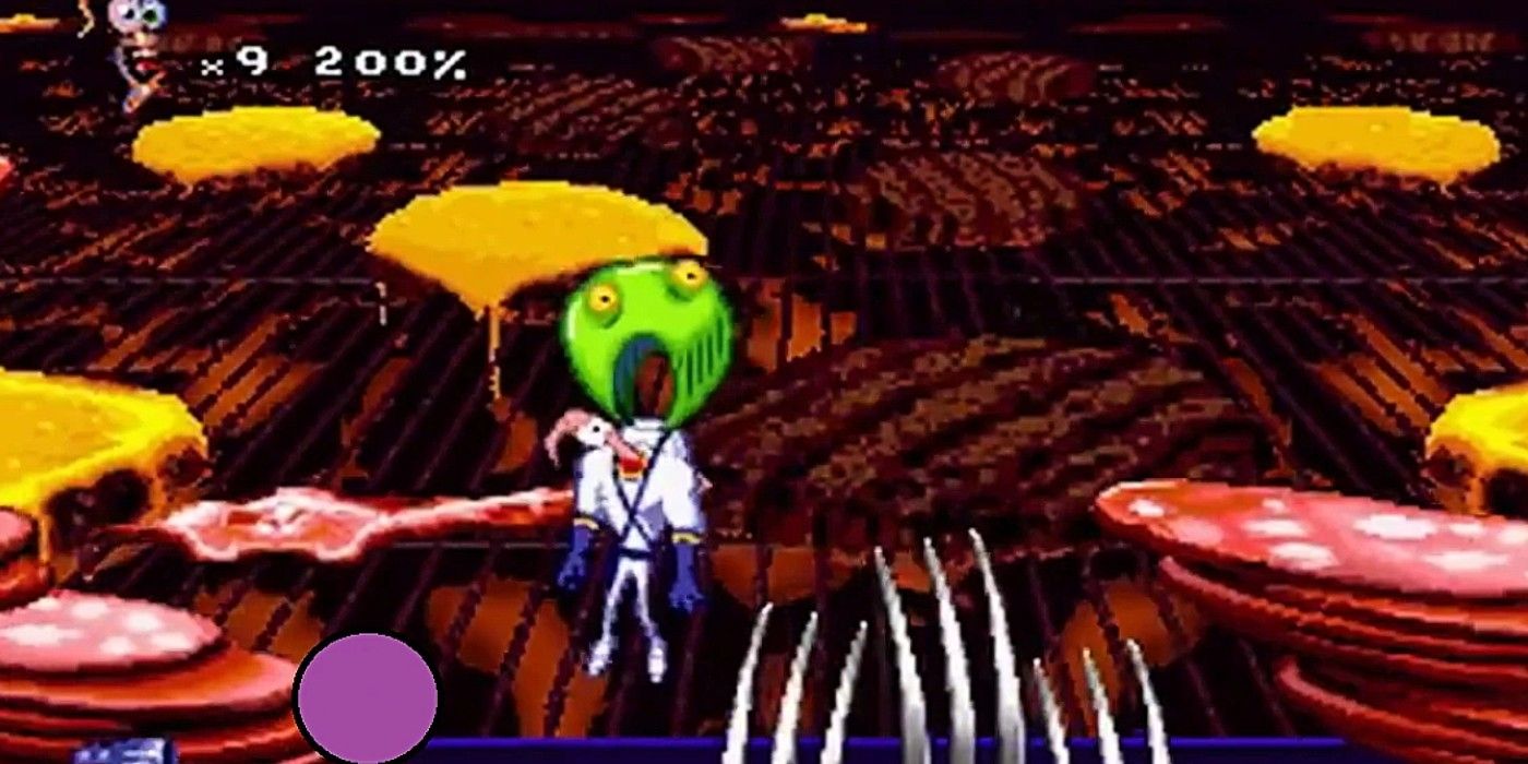 Earthworm Jim 2 Totally Forked Jim being lifted in food and fork themed stage