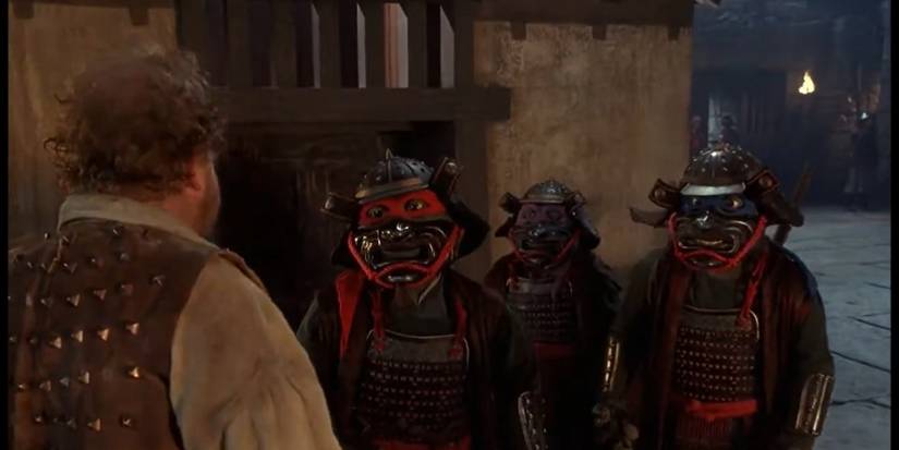 Raphael, Donatello, and Leonardo confronting a guard. Image source: Terrence Smith