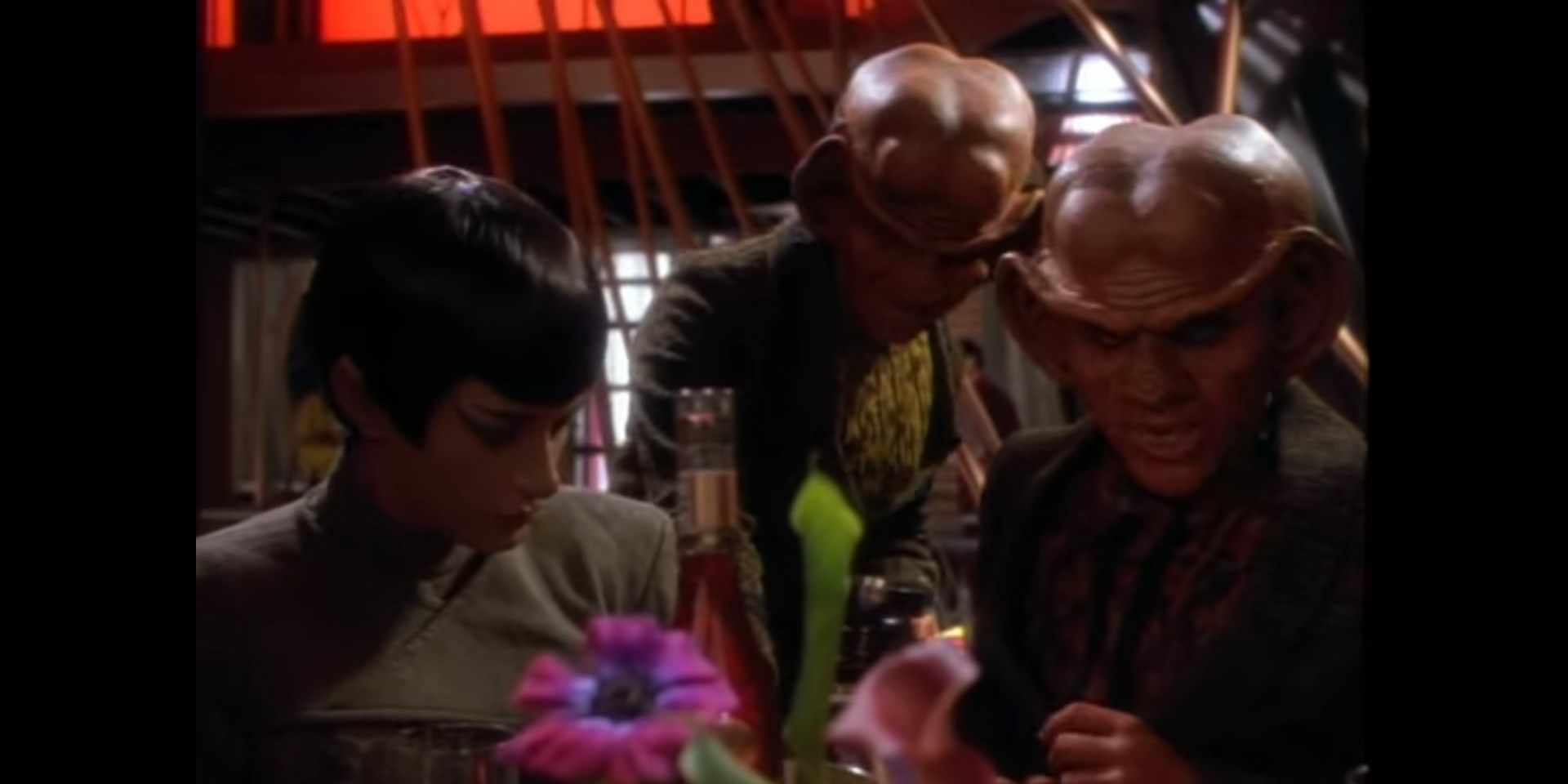  Sakonna (Bertila Damas) (left) and Quark (right) (Armin Shimerman) (right) sitting at a dinner table with a vase of flowers as Rom (Max Grodénchik) (center) pours wine. Image source: Terrence Smith