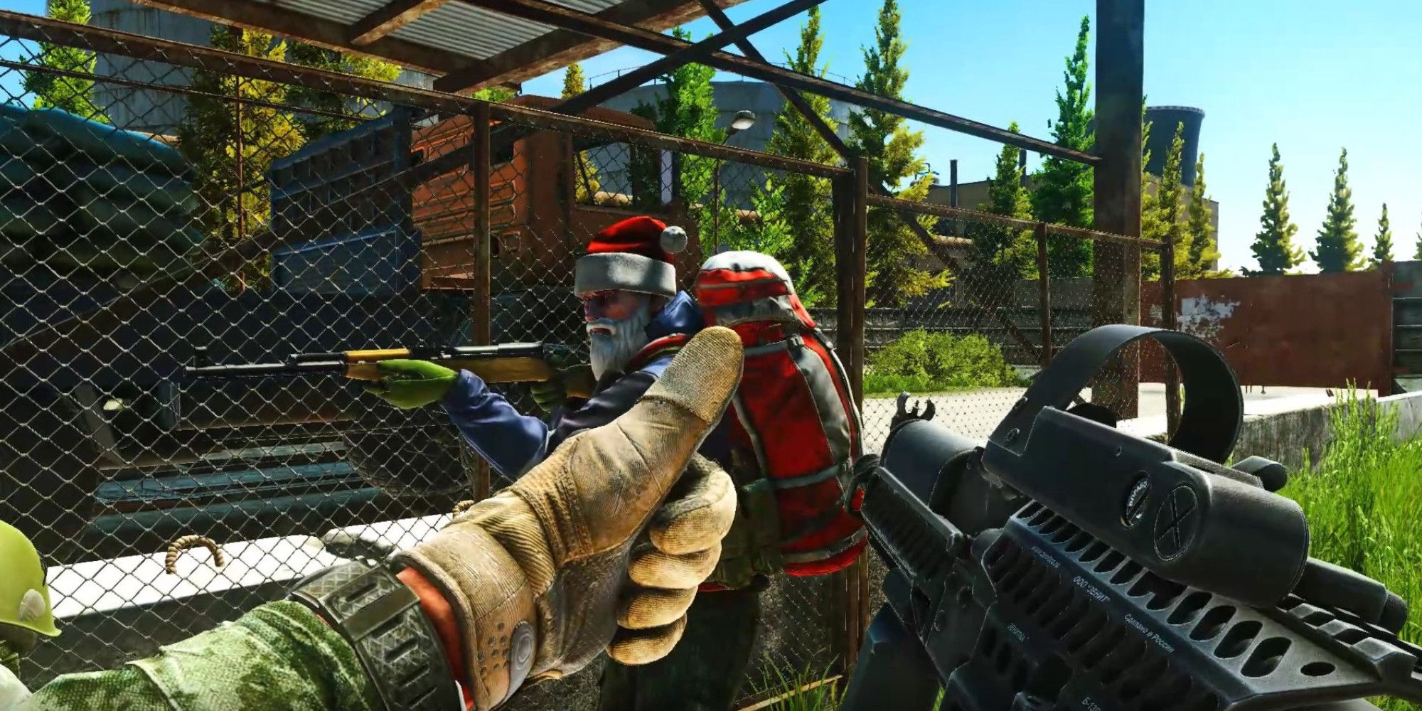 A player greets a Santa Claus character in Escape From Tarkov