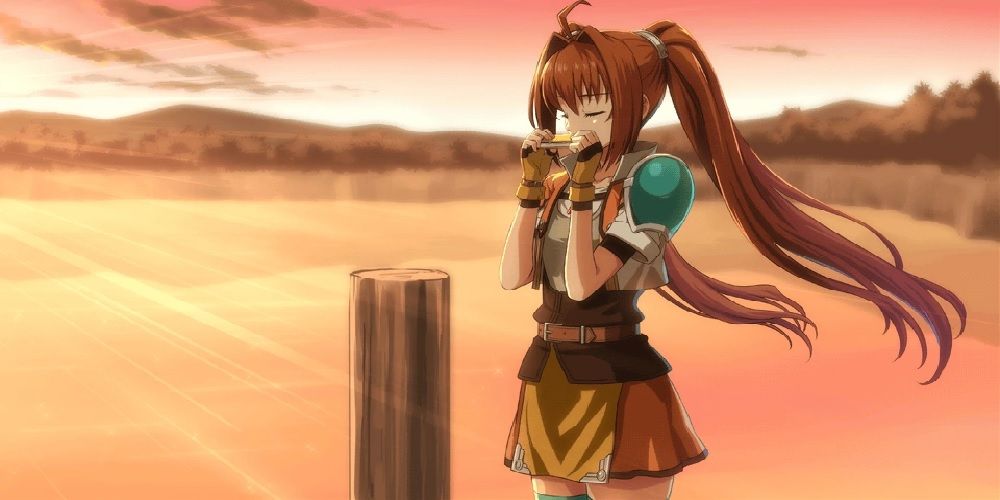 Estelle Bright playing the harmonica in the Legend of Heroes Trails in the Sky