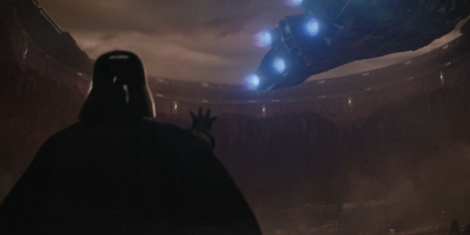 darth vader using the force to bring down a ship
