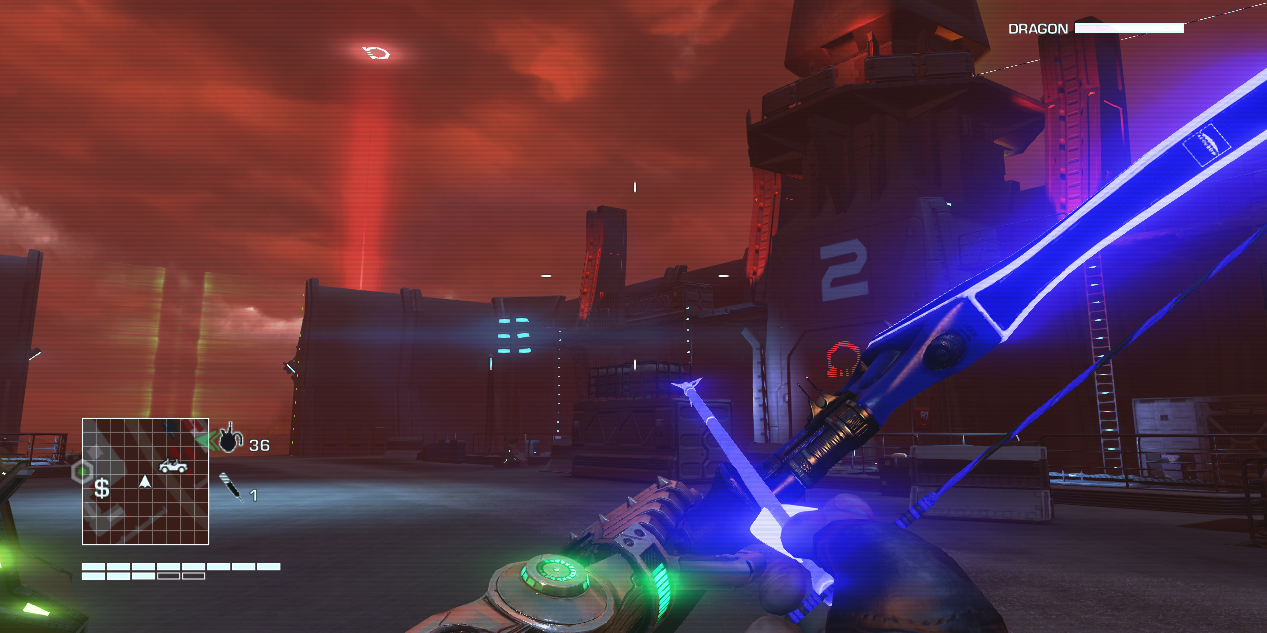 first person of a glowing futuristic bow and arrow from far cry 3 blood dragon