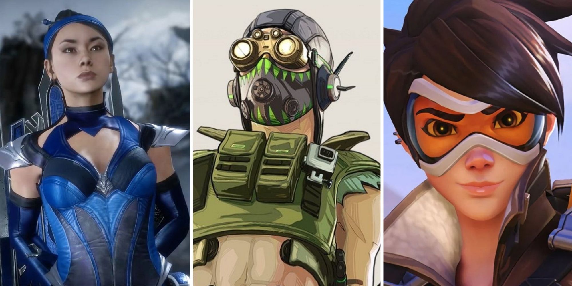 On the left is an image of Kitana from Mortal Kombat, the middle is Octane from Apex Legends and on the right is a close-up of Tracer from Overwatch