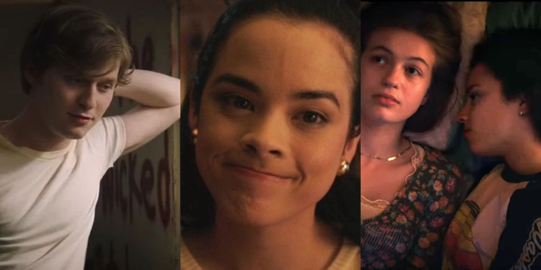 Split image of Simon (Fred Hechinger), Kate (Julia Rehwald), Sam (Olivia Scott Welch) and Deena (Kiera Madeira) in Fear Street Part One: 1994