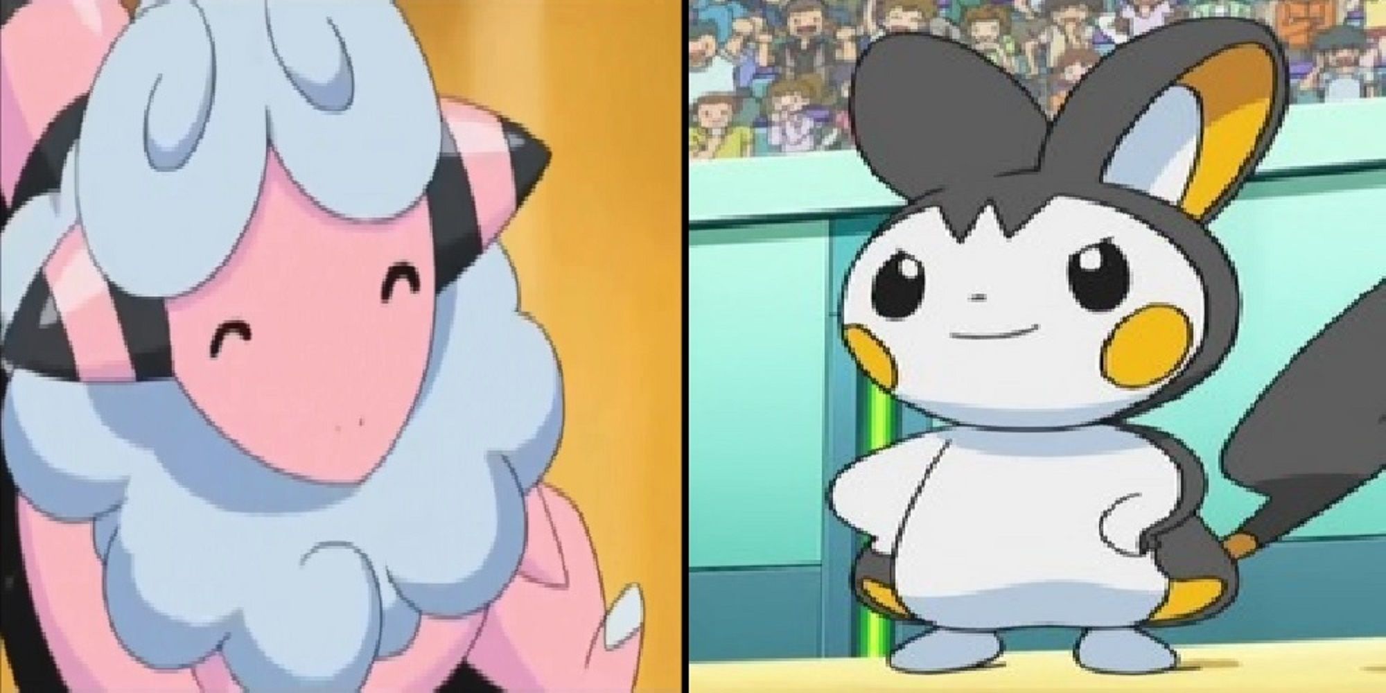 Split image of Flaaffy and Emolga as they appear in the Pokemon anime