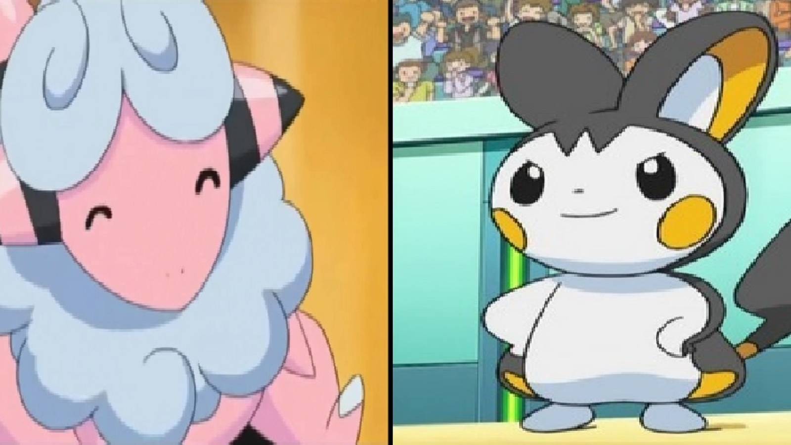 Split image of Flaaffy and Emolga as they appear in the Pokemon anime