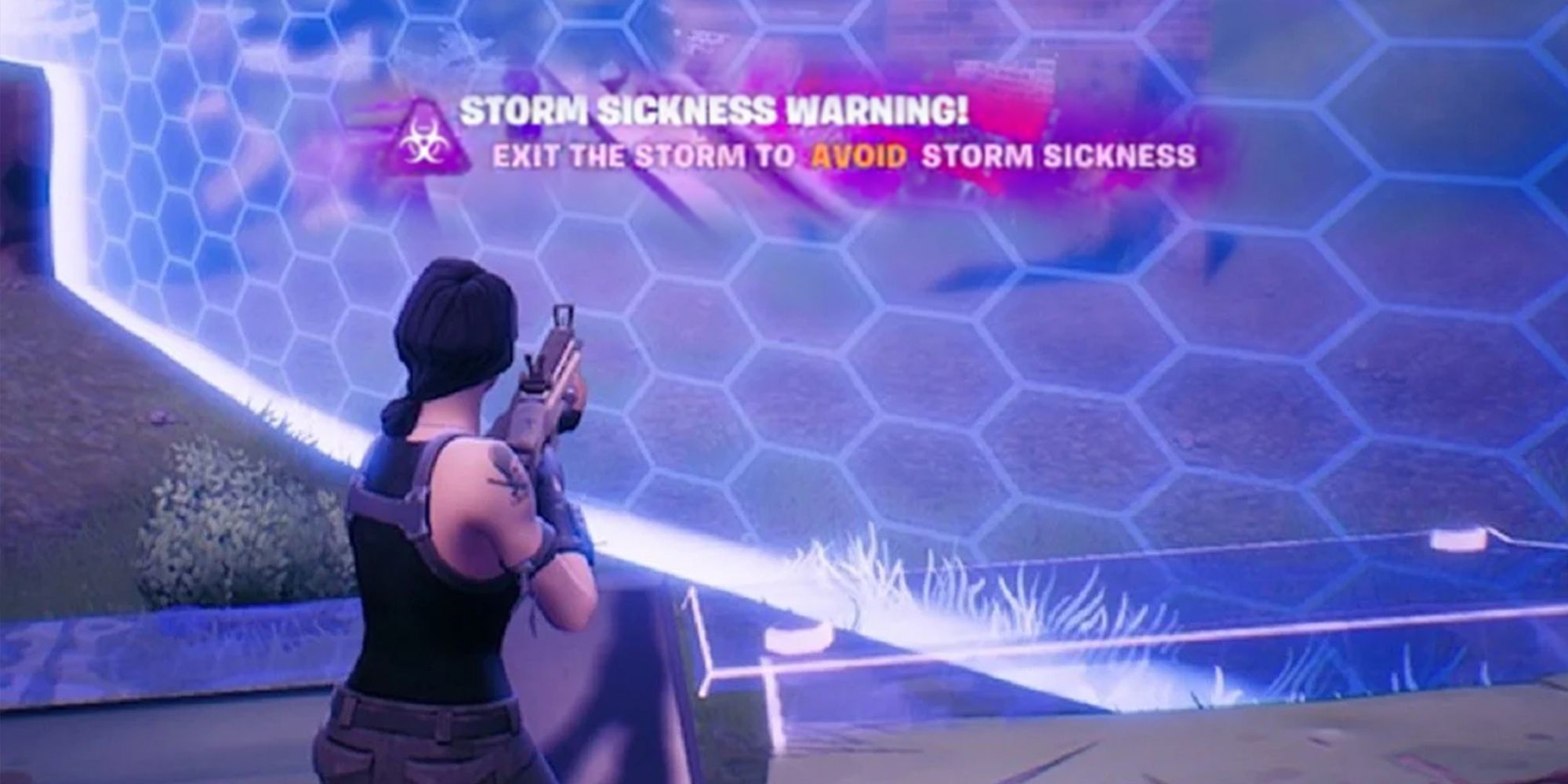 Fortnite - Storm Sickness Warning Overlaid On Image Of Character At Storm Border