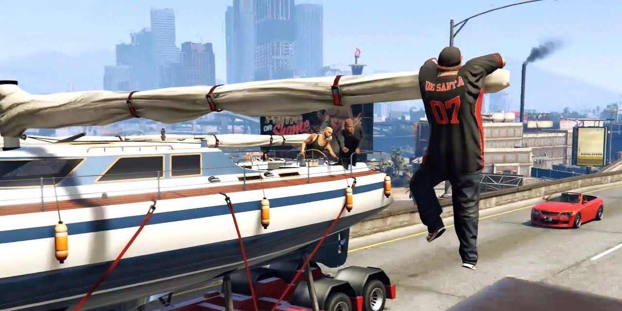 Jimmy hanging off the side of the boat in GTA 5