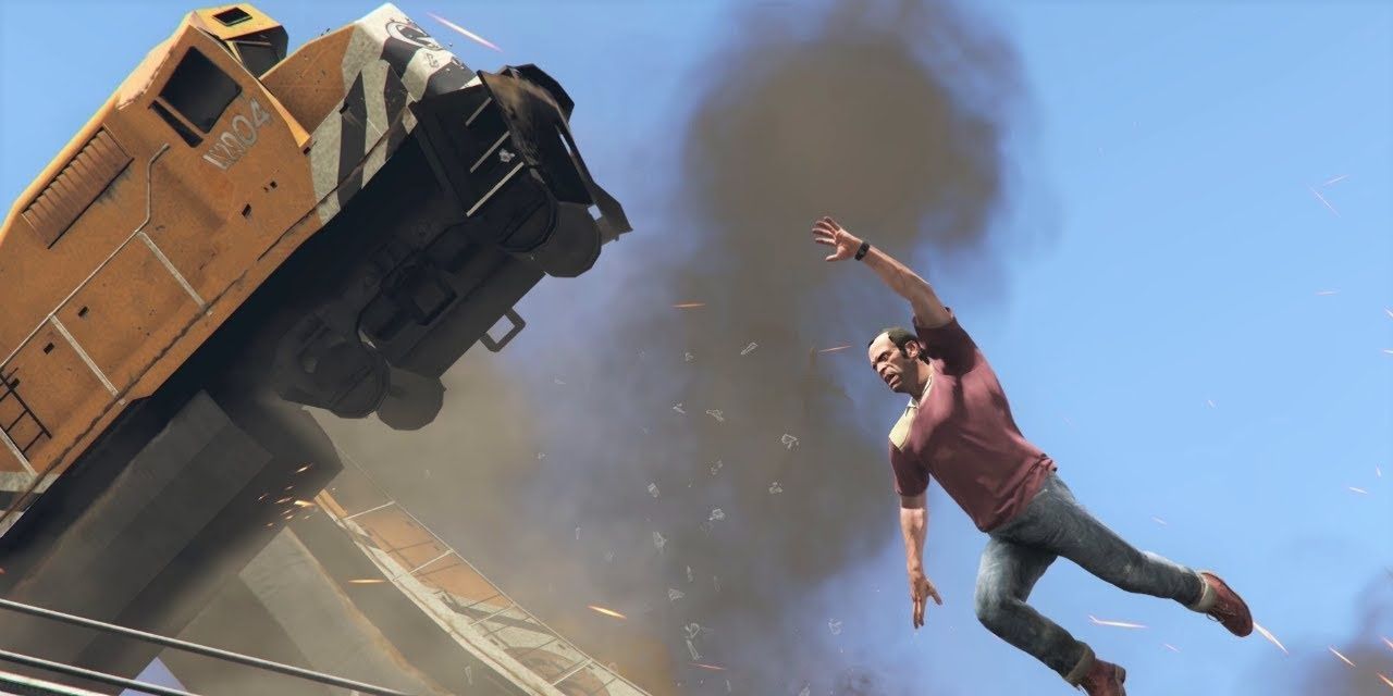 Trevor flying off crashing trains in GTA 5