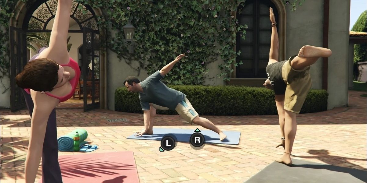 Michael doing Yoga with Amanda and Fabien in GTA 5