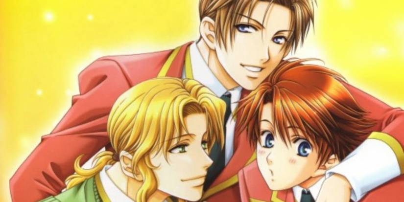 Three characters from Gakuen Heaven hugging