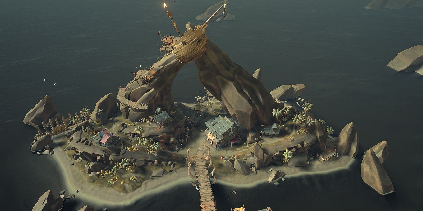 Birds eye view of Galleon's Grave Outpost from Sea of Thieves videogame