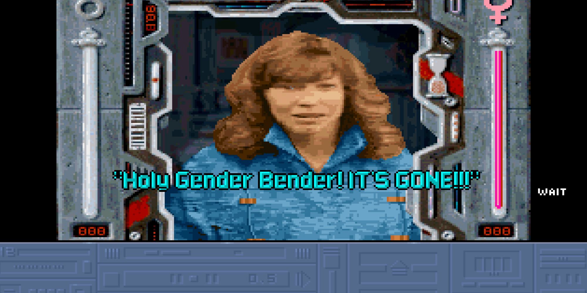 Image Depicting A Female Character Stating "Holy Gender Bender! It's Gone"