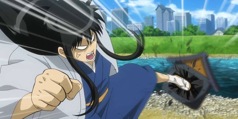 Gintama Katsura kicking a television