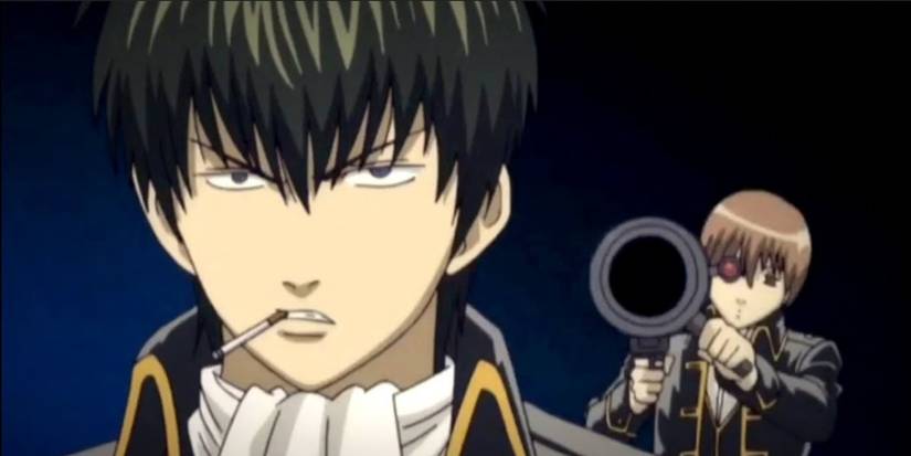 Gintama Okita aiming a rocket launcher at Hijikata