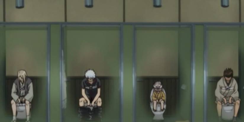 Gintama Gintoki, Kondo, Binbokusai, and Tojo sitting on toilets