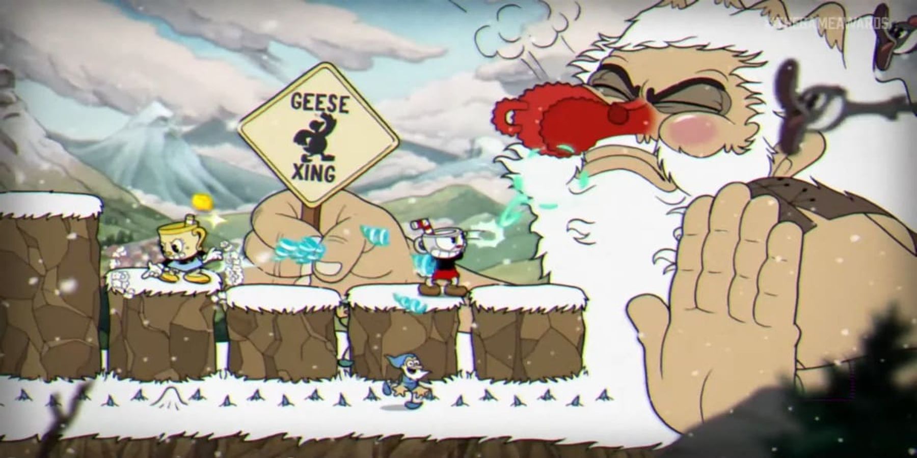 Cuphead and Ms. Chalice fight Glumstone