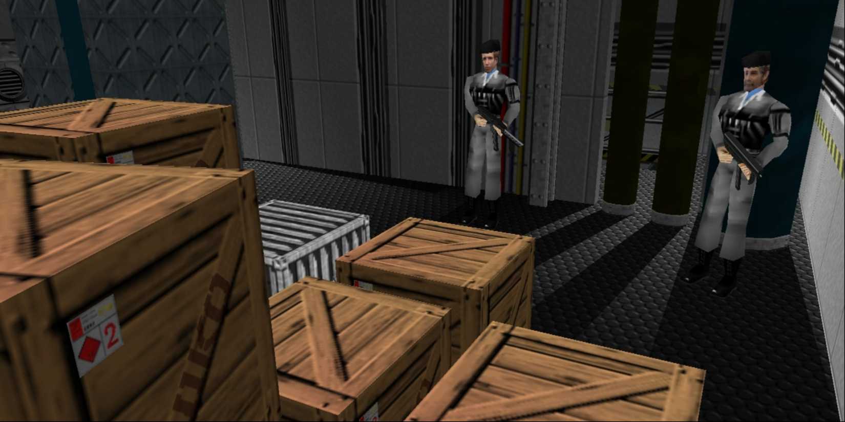 Two guards looking over cargo containers on the level Frigate