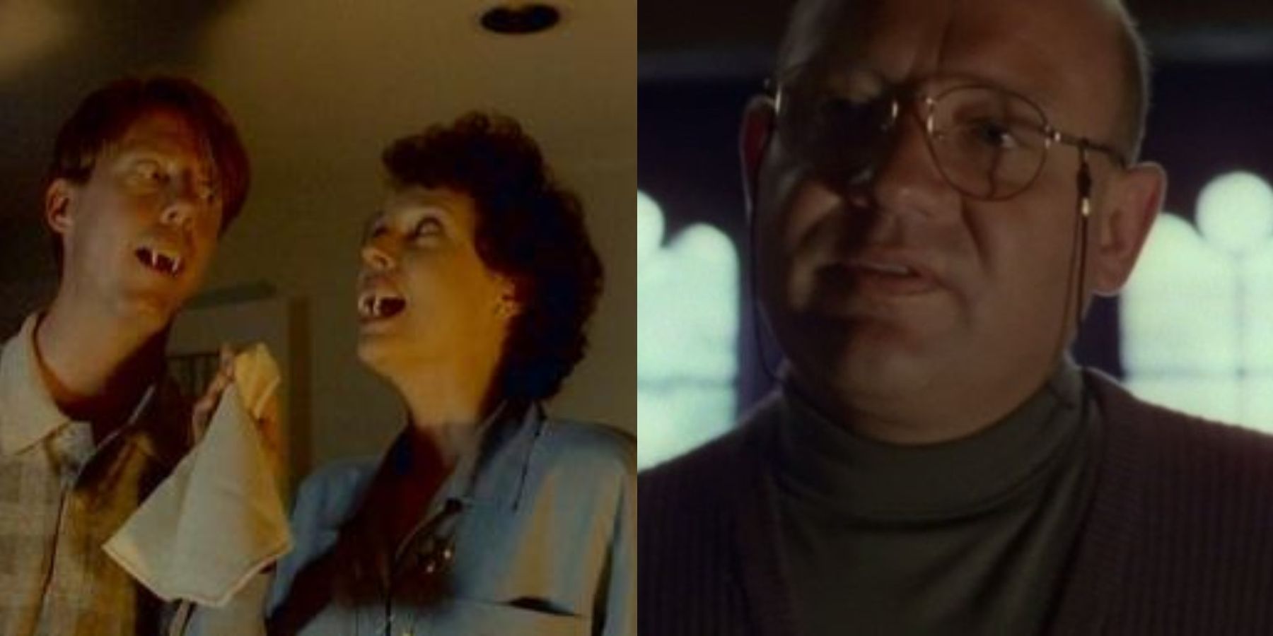 Split image of Lucy's parents with fangs and Mr. Mortman in Goosebumps episode "The Girl Who Cried Monster"