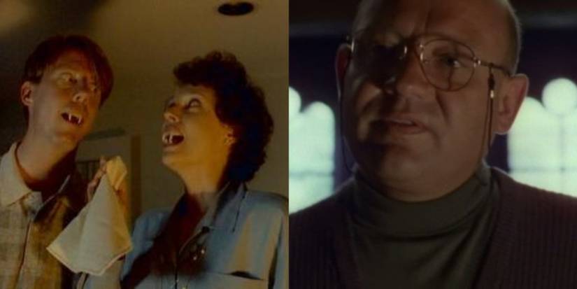 Split image of Lucy's parents with fangs and Mr. Mortman in Goosebumps episode "The Girl Who Cried Monster"