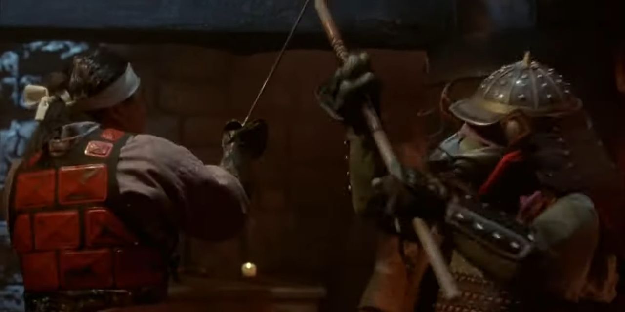 Donatello (right) in Samurai armor fighting a guard (left). Image Source: Terrence Smith