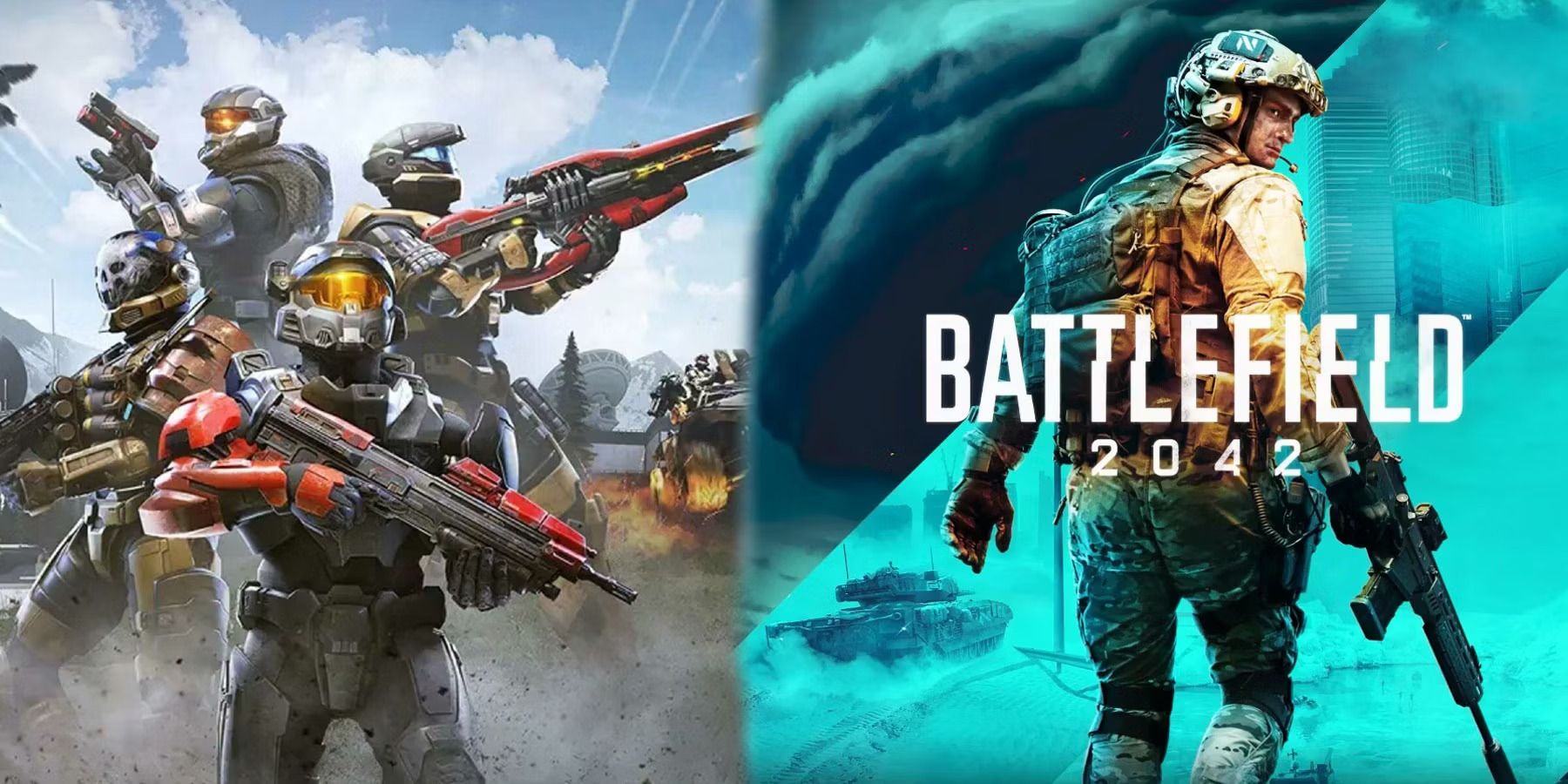 Spartans in Halo Infinite and the Battlefield 2042 logo