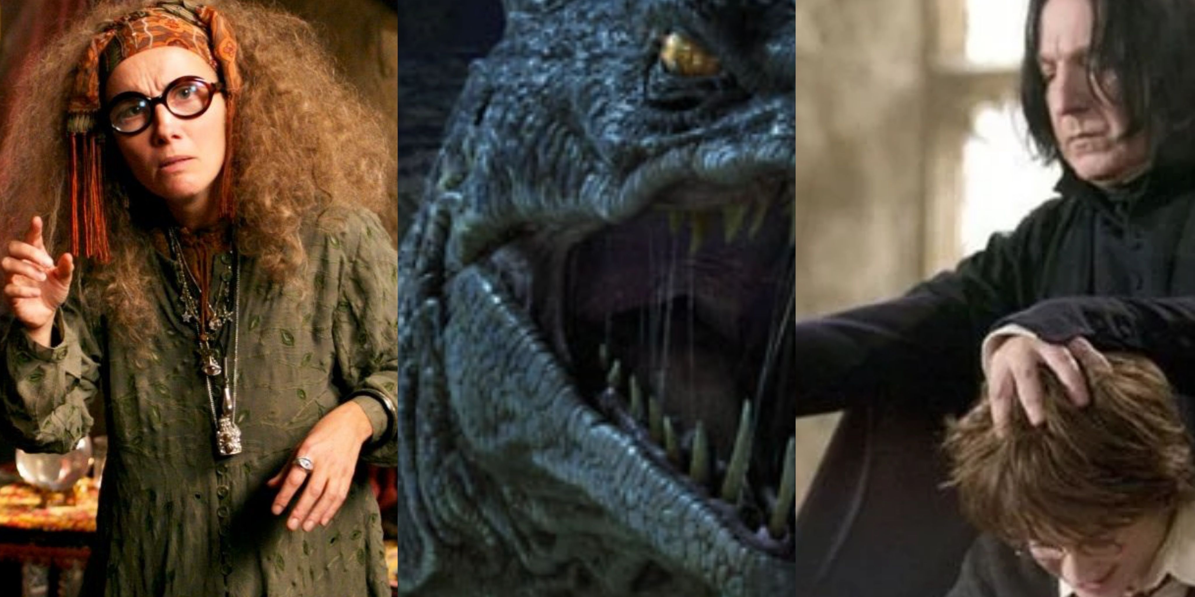 Harry Potter: Snape, Trelawney, and the Basilisk in a split feature image