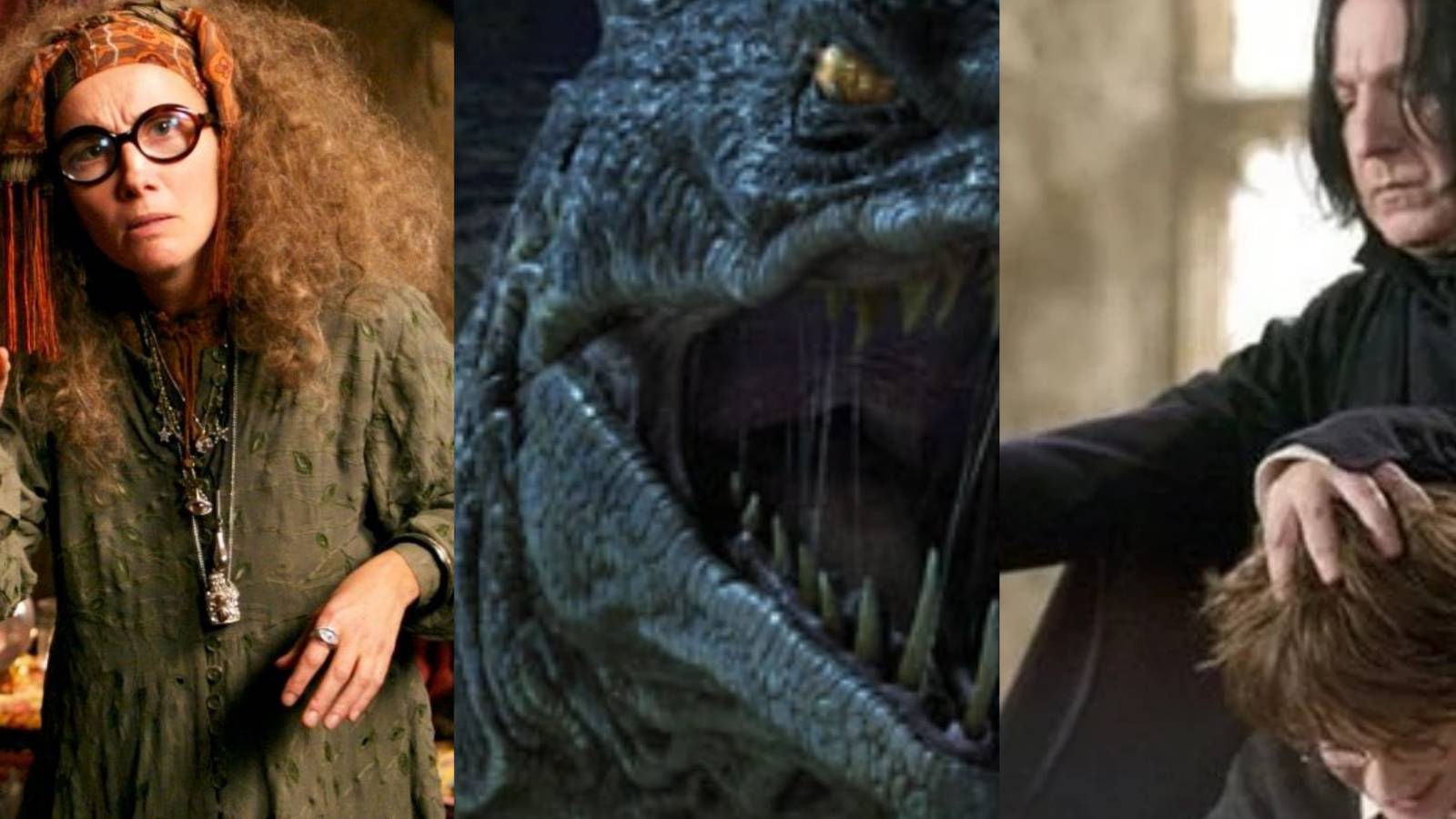 Harry Potter: Snape, Trelawney, and the Basilisk in a split feature image