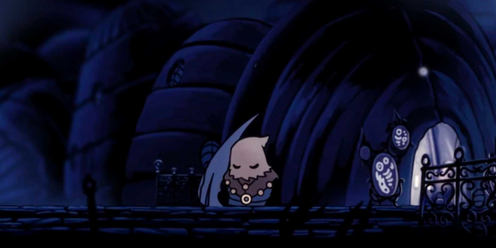 Hollow Knight Cloth sleeping outside Sly's shop in Dirtmouth