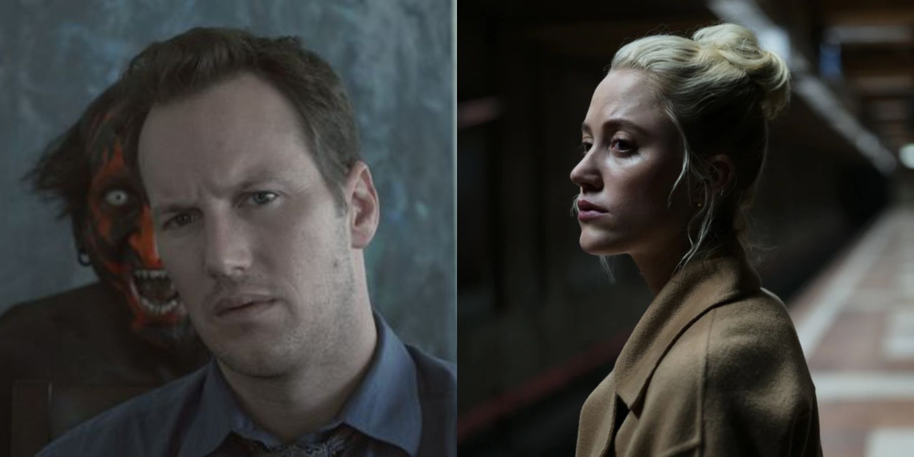 Split image of Josh (Patrick Wilson) and a red demon in Insidious and Julia (Maika Monroe) in Watcher