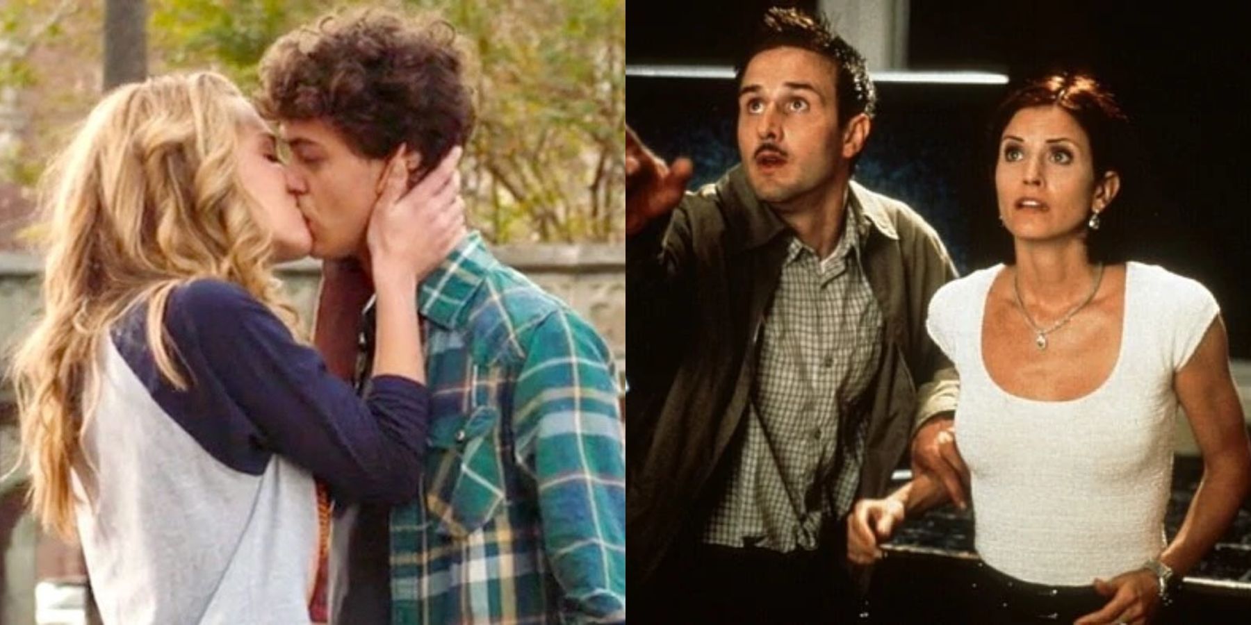 Split image of Tree and Carter kissing in Happy Death Day and Dewey and Gale looking scared in Scream 2