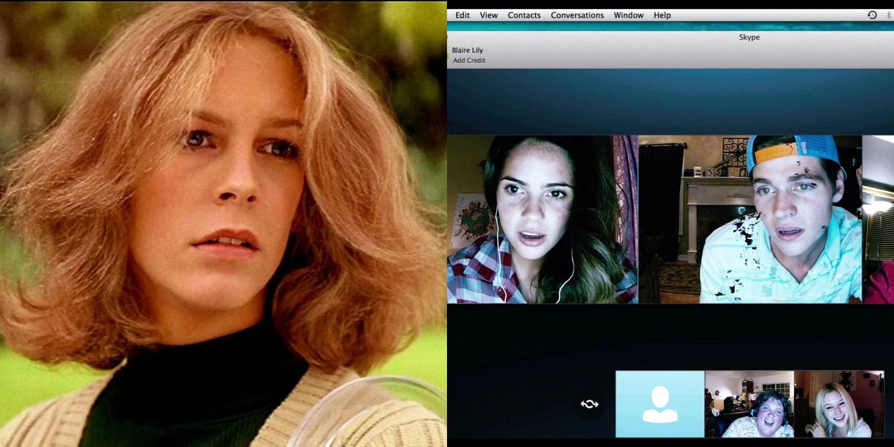 Split image of Laurie Strode in Halloween (1978) and Blair and her friends on the computer screen in Unfriended (2014)