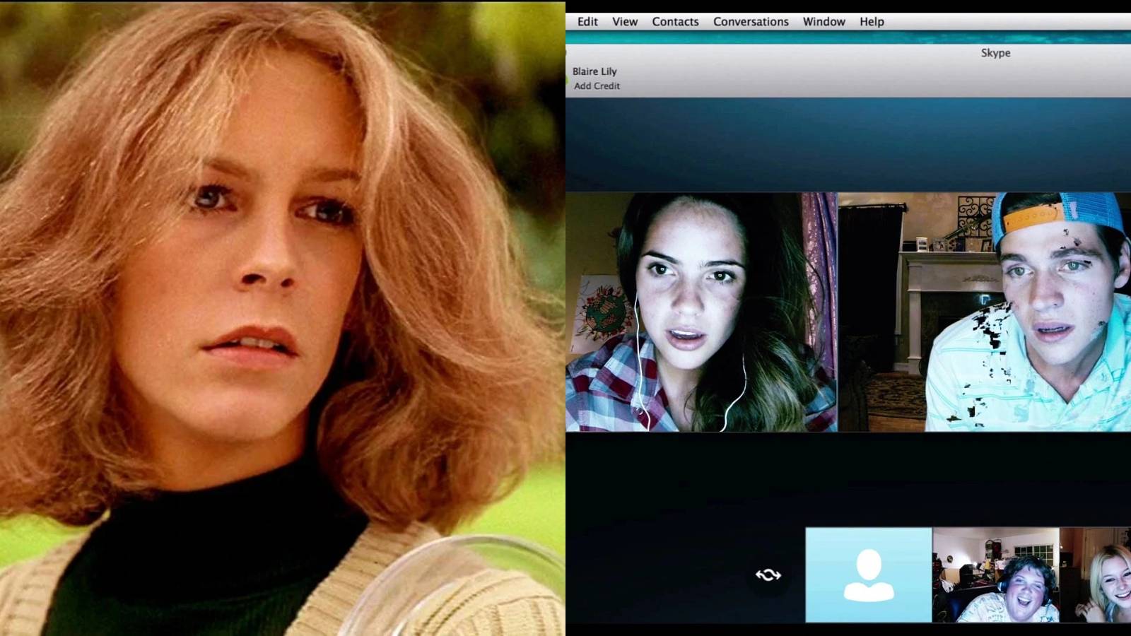 Split image of Laurie Strode in Halloween (1978) and Blair and her friends on the computer screen in Unfriended (2014)