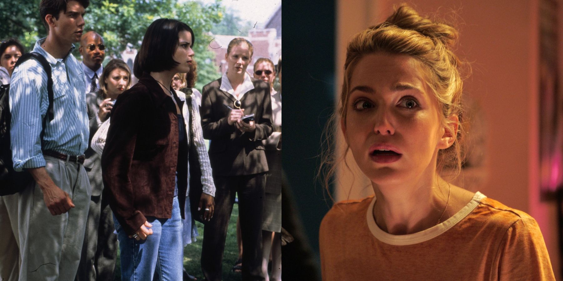 Split image of Neve Campbell in Scream 2 and Jessica Rothe in Happy Death Day