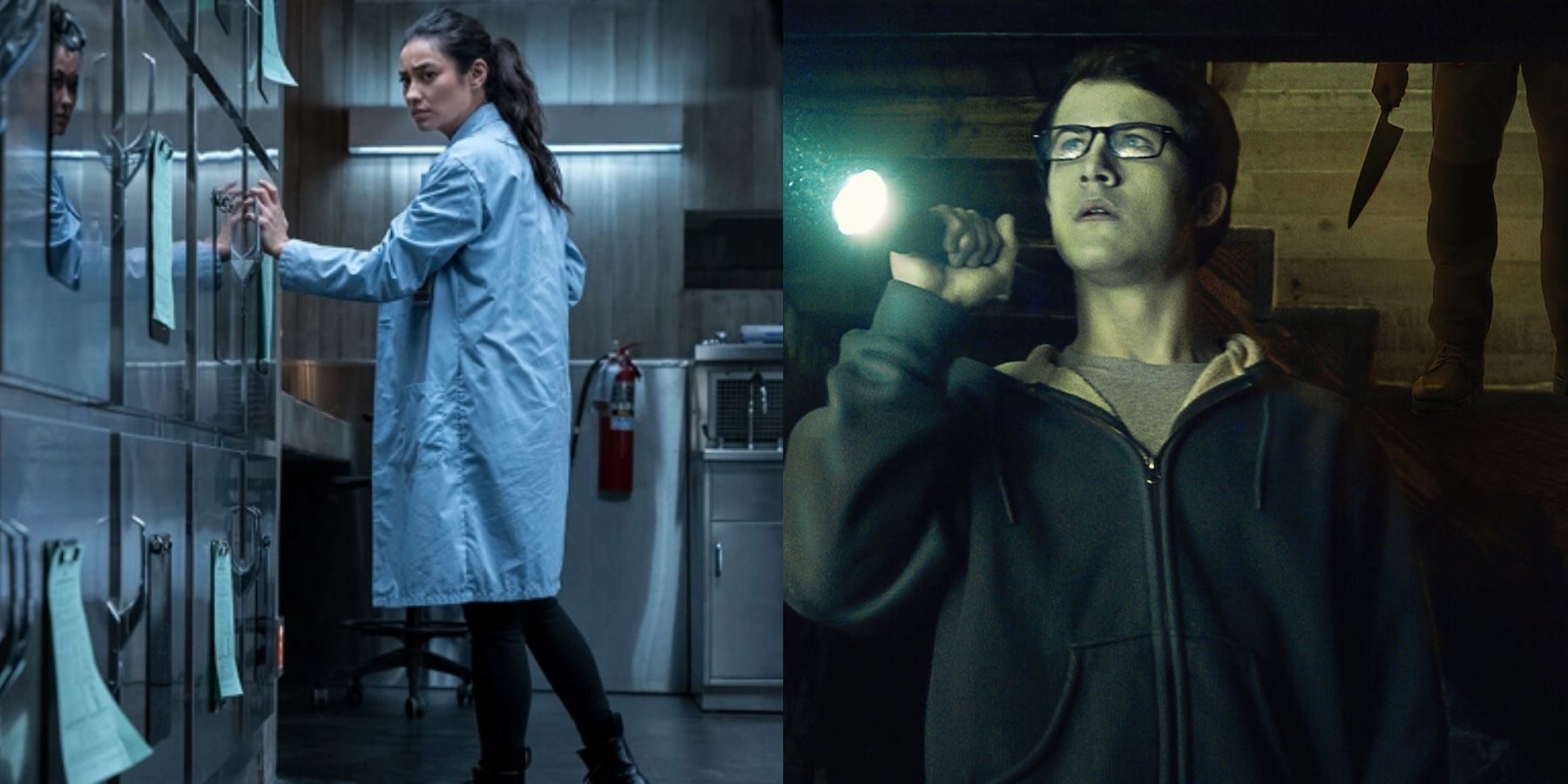 Split image of Shay Mitchell in The Possession of Hannah Grace and Dylan Minnette in The Open House