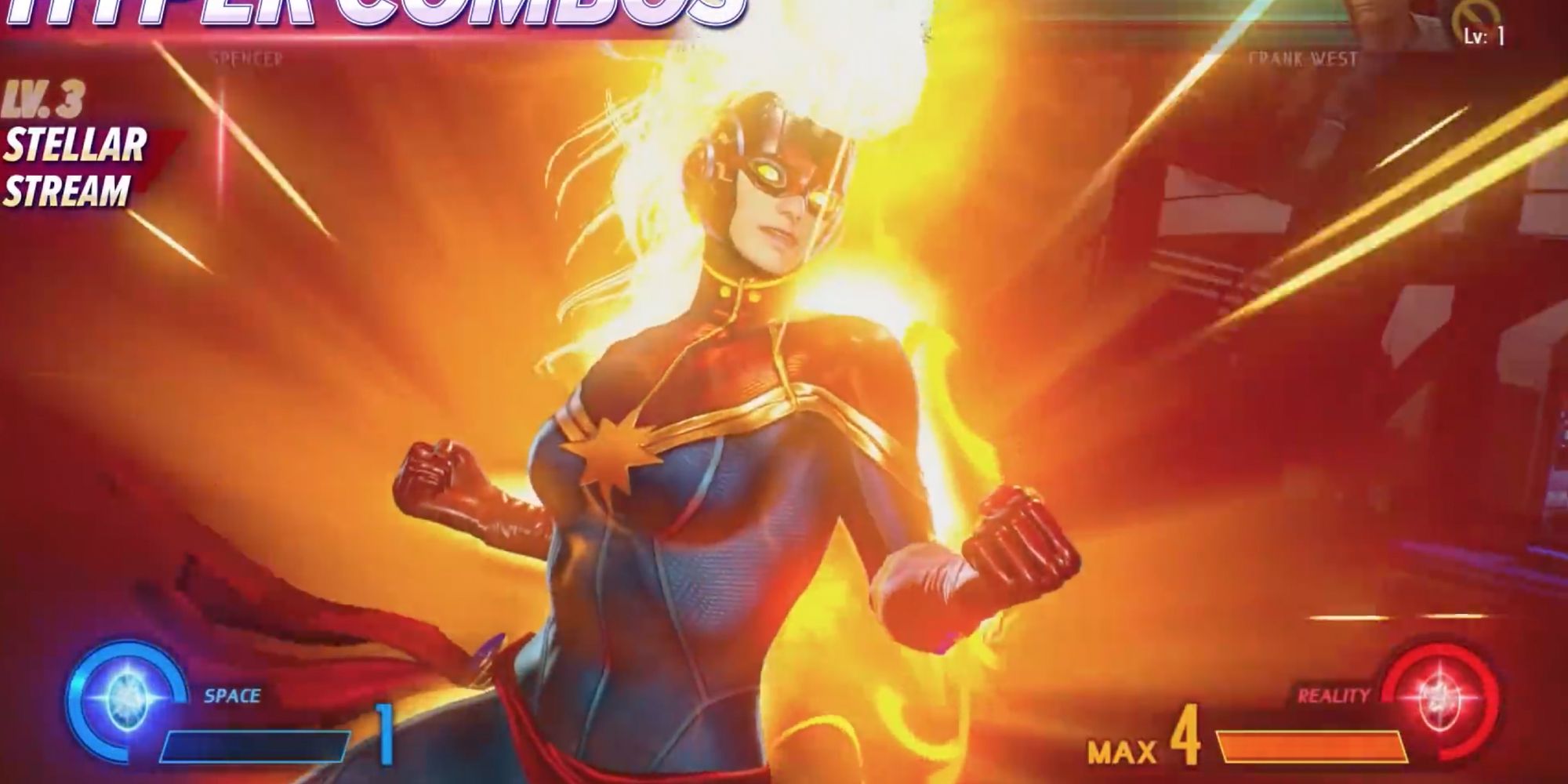 Iconic Fighting Stances in Video Games - Captain Marvel - Player begins to strike enemy with a combo hit