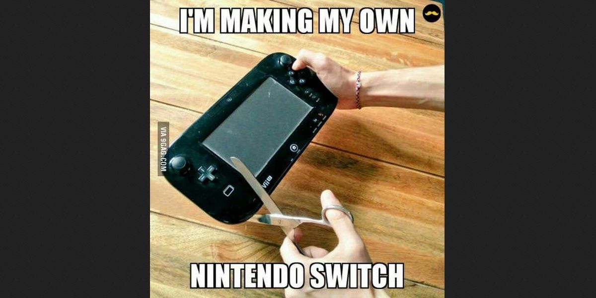A Wii U being cut with a pair of scissors. The caption reads: I'm making my own Nintendo Switch! Image source: inet.detik.com