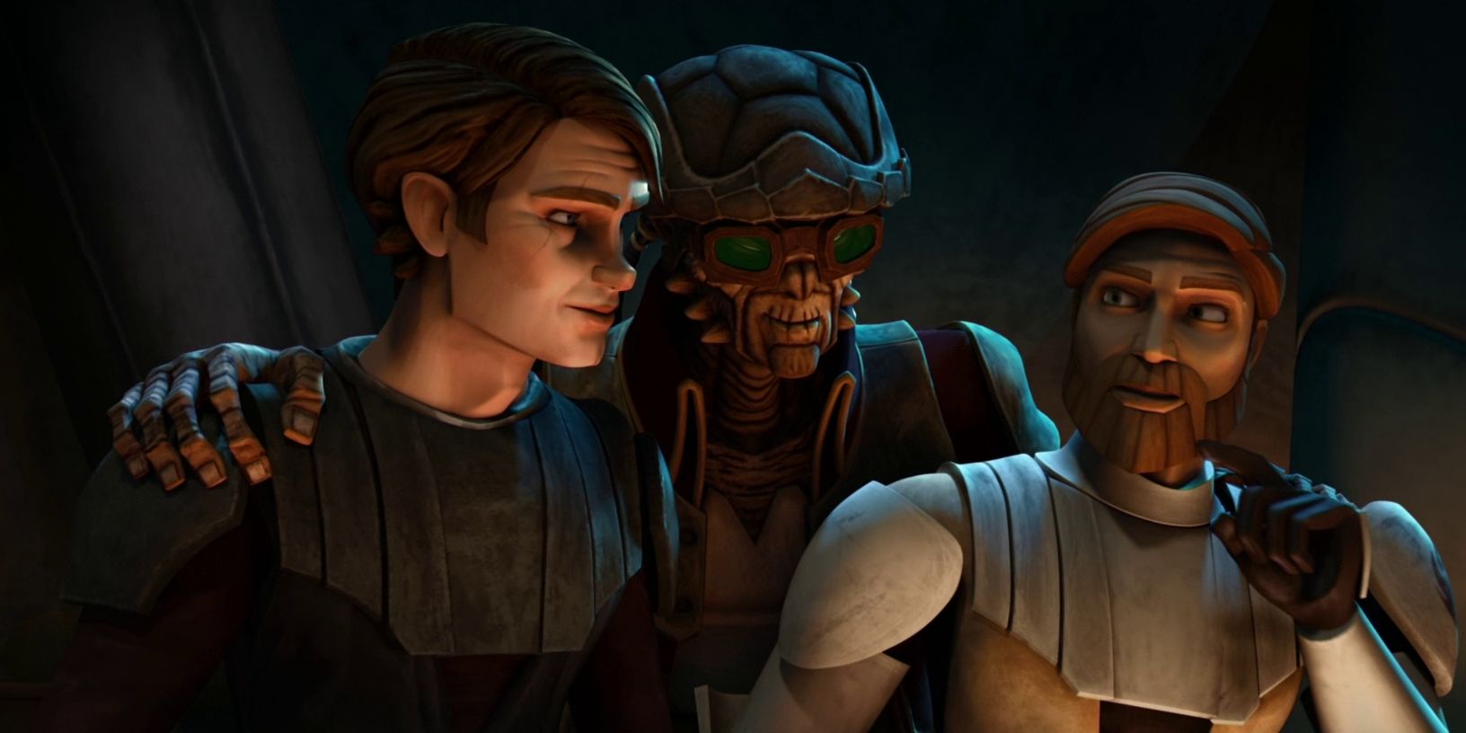 Hondo (center) putting his hands on the shoulders of Anakin (left) and Obi-Wan (right). Image source: Wookiepedia.com